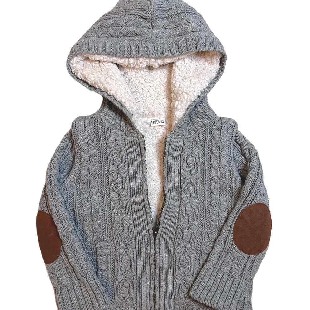 Egg by Susan Lazar Kids Cable Knit Sherpa Hoodie Jacket 2T – Gray Elbow Patches